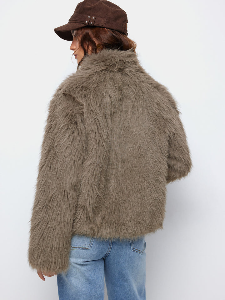 Tokalı Suni Kürk Oversize Ceket - Vizon - Vizon detay 5