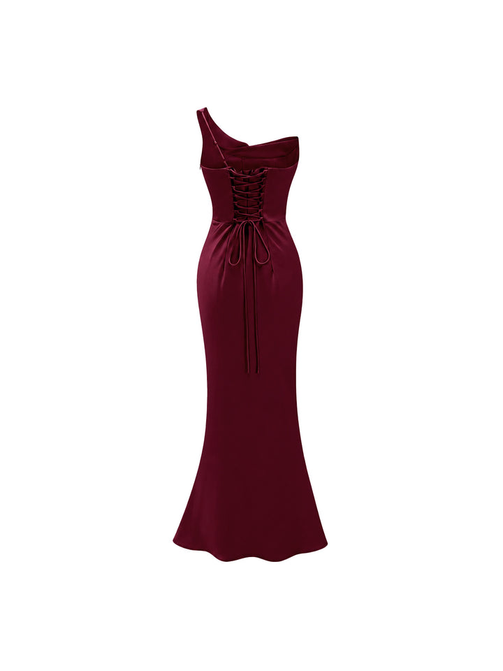 Hannah Tek Omuz Saten Maksi Elbise - Bordo - Bordo detay 5