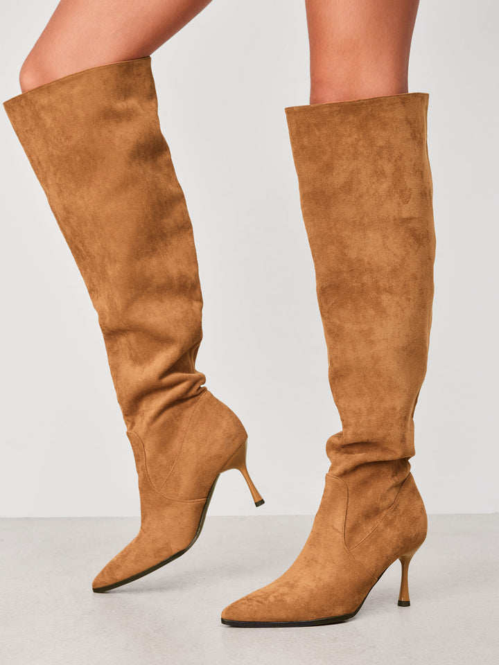 Süet Görünümlü Büzgülü Sivri Burun Stiletto Dizaltı Bot - Taba - Taba detay 4