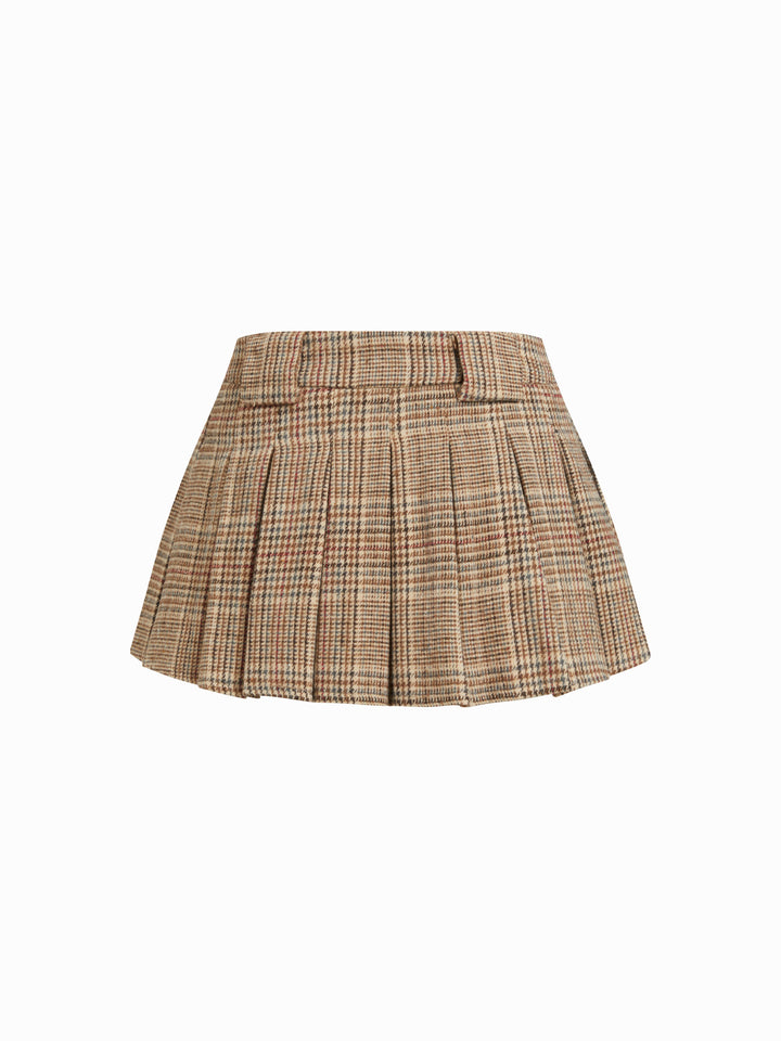 Tweed Kazayağı Desenli Pileli Mini Etek - Camel - Camel detay 5
