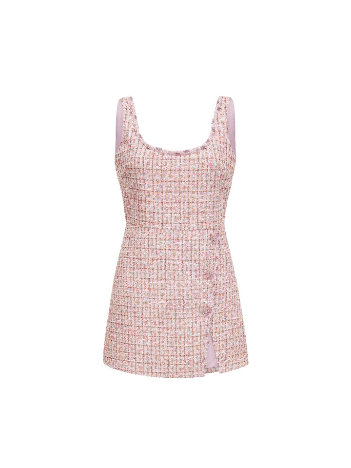 Aoife Taşlı Tweed Kare Yaka Mini Elbise - Pembe - Pembe detay 5