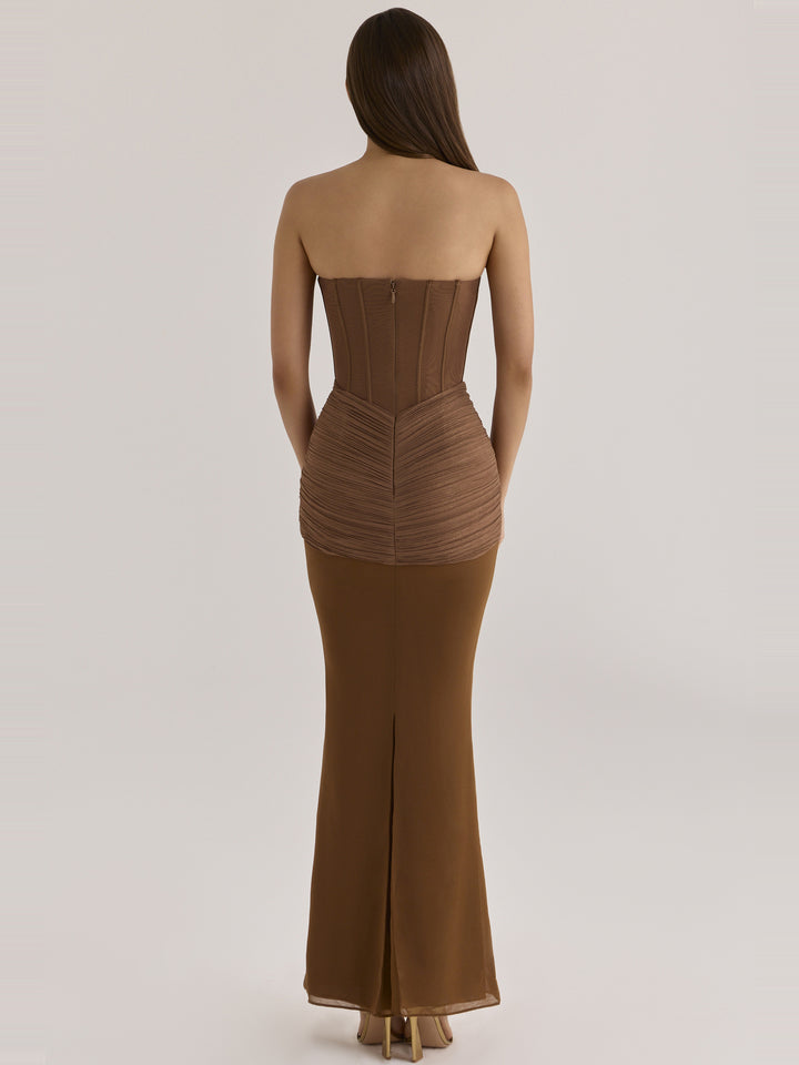 Charlotte Korse Straplez Şifon Maksi Elbise - Bronz - Bronz detay 5