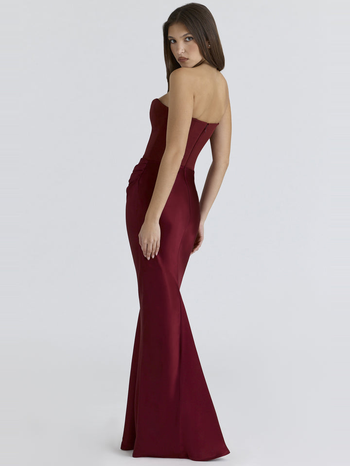 Persephone Straplez Korse Drapeli Maksi Elbise - Bordo detay 5