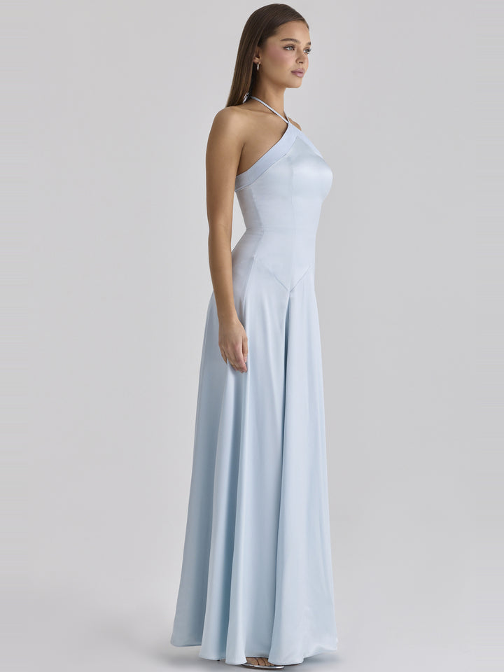 Avelina Halter Saten Maksi Elbise - Mavi - Mavi detay 5