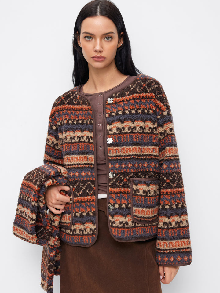 Şal Detaylı Etnik Desenli Oversize Polar Ceket - Kahverengi - Kahverengi detay 6