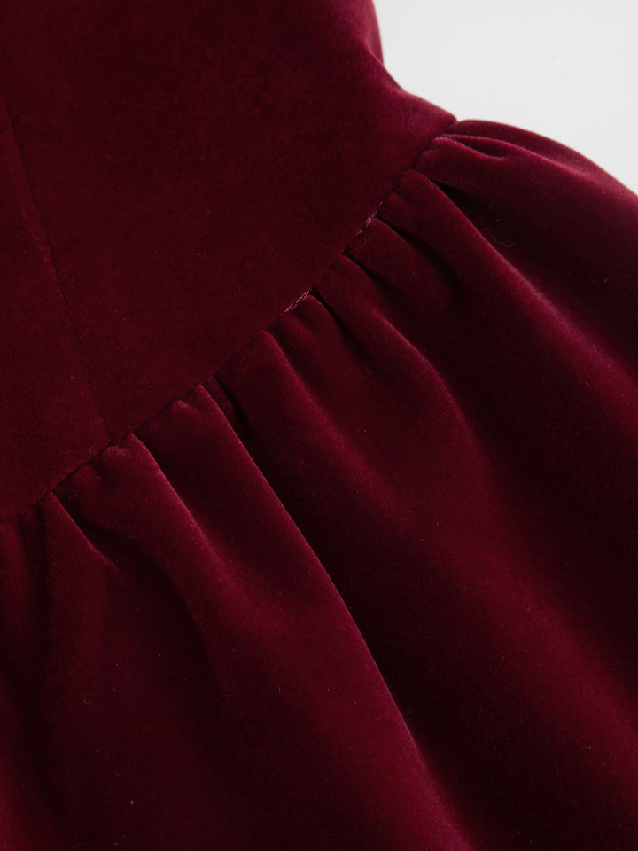 Kadife Kare Yaka Korse Detaylı Kloş Midi Elbise - Bordo - Bordo detay 6