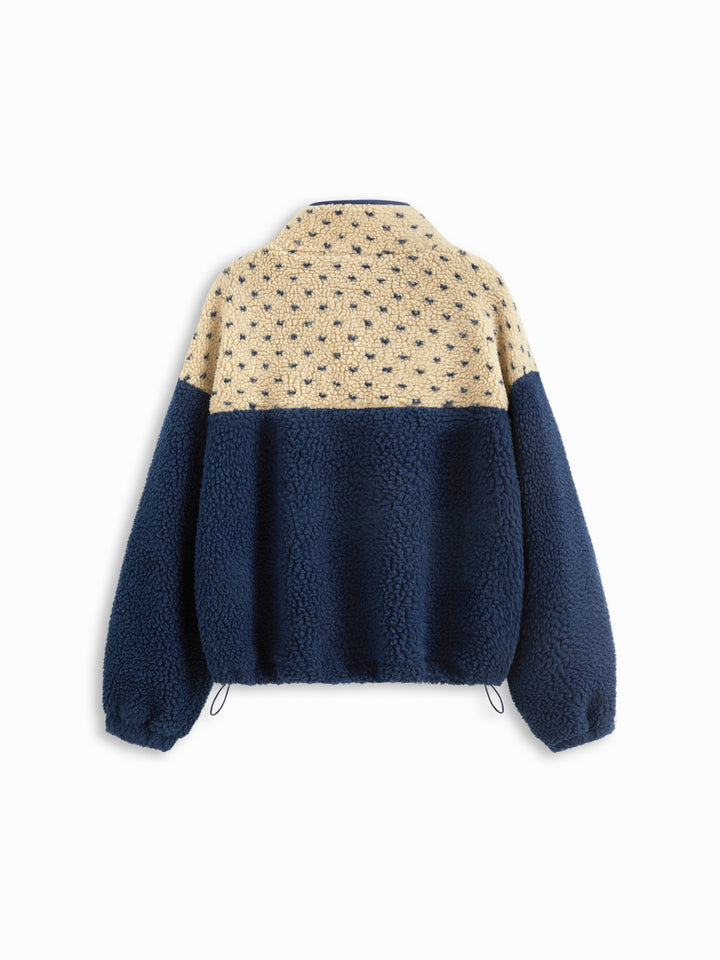 Peluş Polar Dik Yaka Desenli Oversize Sweatshirt - Mavi detay 5