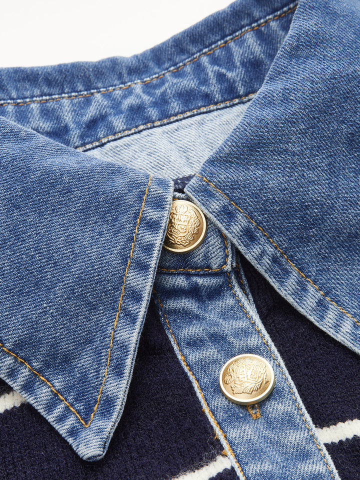 Denim Yaka Çizgili Triko İkili Takım - Lacivert - Lacivert detay 6