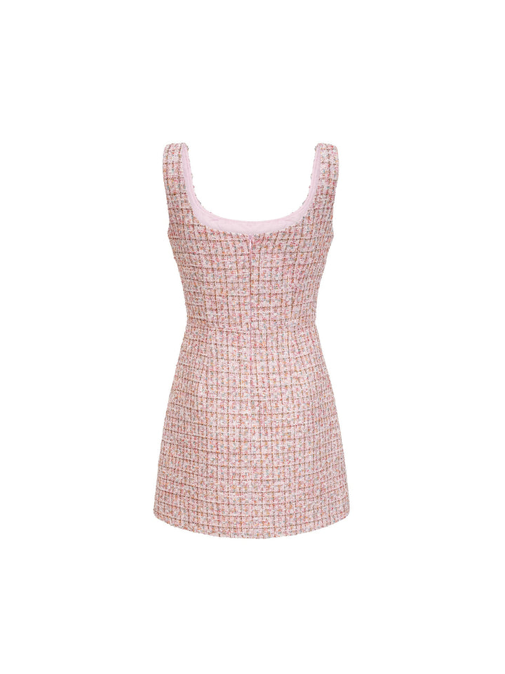 Aoife Taşlı Tweed Kare Yaka Mini Elbise - Pembe - Pembe detay 6