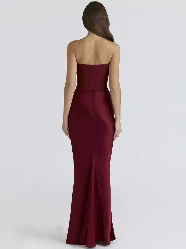Persephone Straplez Korse Drapeli Maksi Elbise - Bordo detay 6