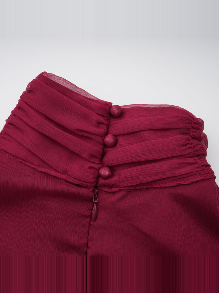 Éléna Tek Omuz Volanlı Tül Mini Elbise - Bordo - Bordo detay 6