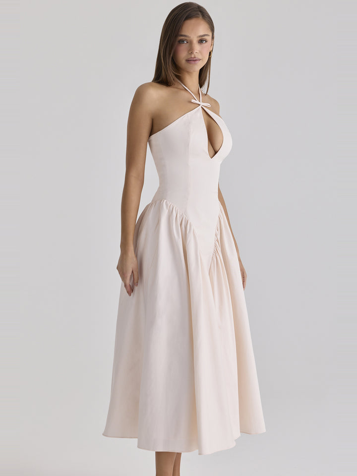 Lilli Halter Anahtar Deliği Pamuk Midi Elbise - Pudra Pembe - Pudra Pembe detay 6