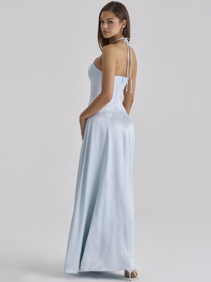 Avelina Halter Saten Maksi Elbise - Mavi - Mavi detay 6
