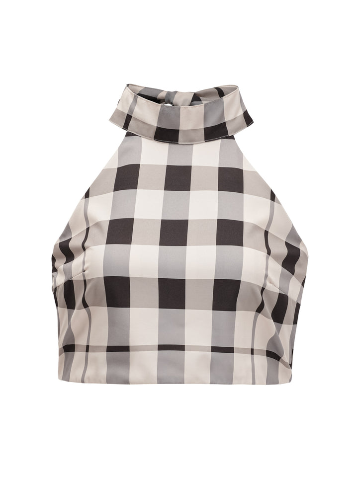 Buket Ekose Halter Crop Bluz ve Bol Paça Pantolon Takımı - Krem Kahve - Krem ve Kahverengi detay 6