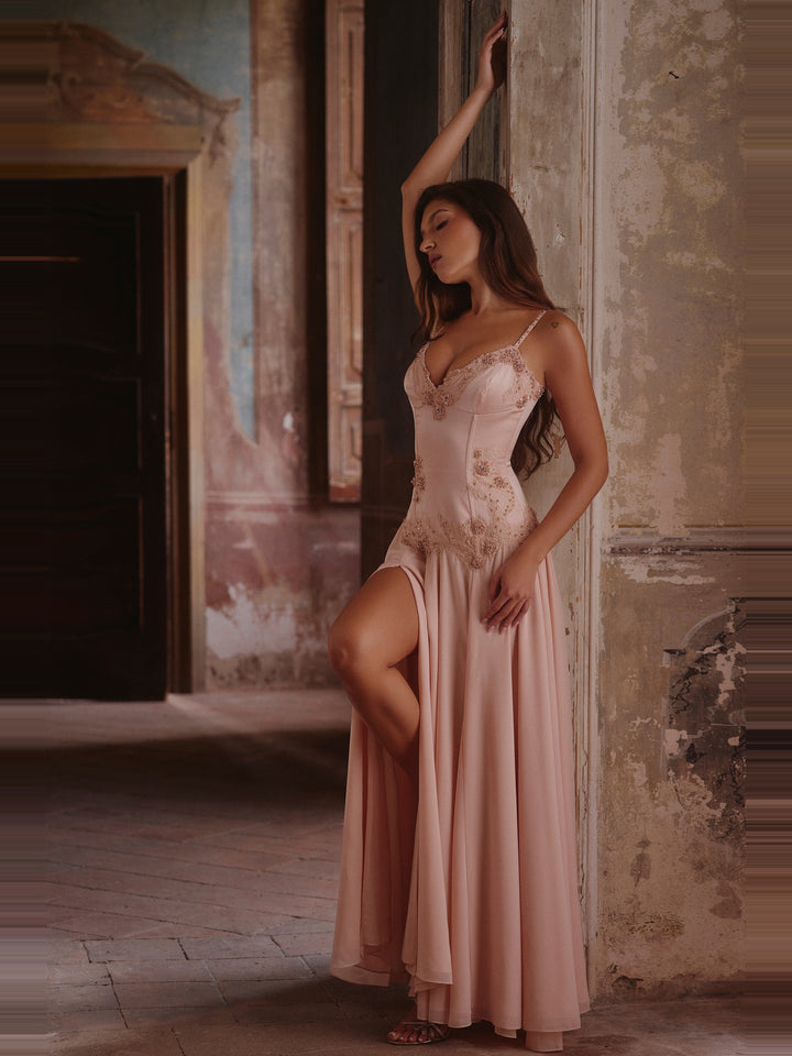 Saloma Taşlı Saten Korse Maksi Elbise - Pudra Pembe - Pudra Pembe detay 6