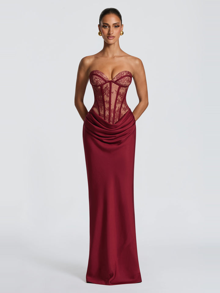 Kathleen Straplez Dantel Korse Maksi Elbise - Bordo - Bordo detay 6