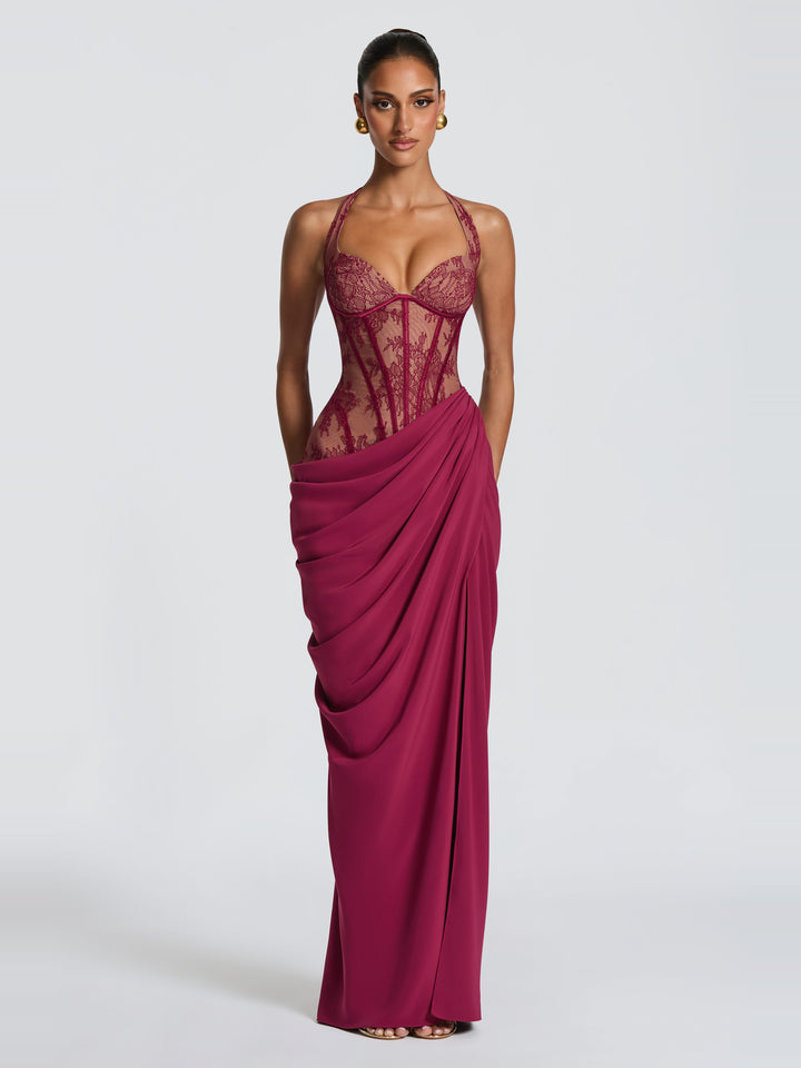 Bonita Halter Yaka Çiçekli Dantel Korse Yırtmaçlı Maksi Elbise - Dut - Dut detay 6