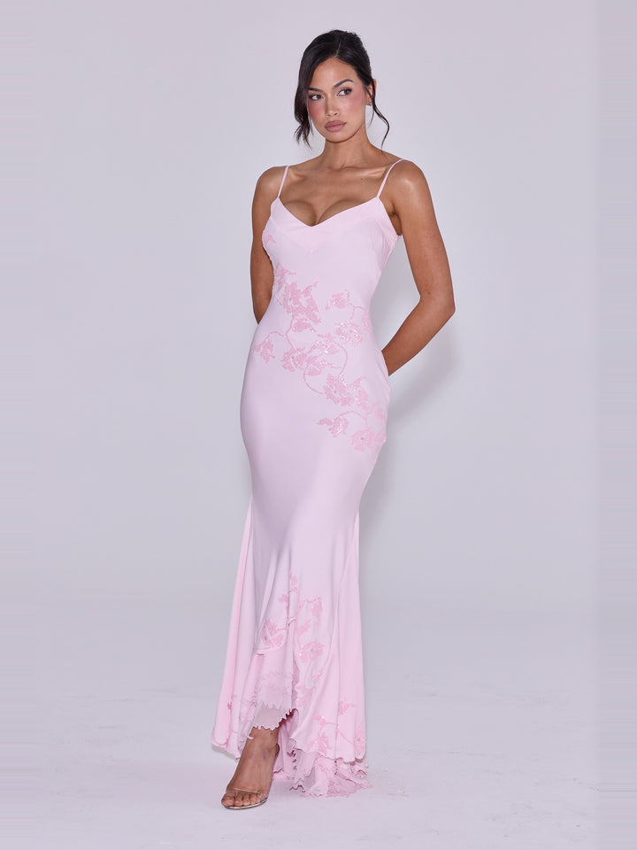 Anastelle El İşi Boncuk İşlemeli Saten Maksi Elbise - Pembe - Pembe detay 6