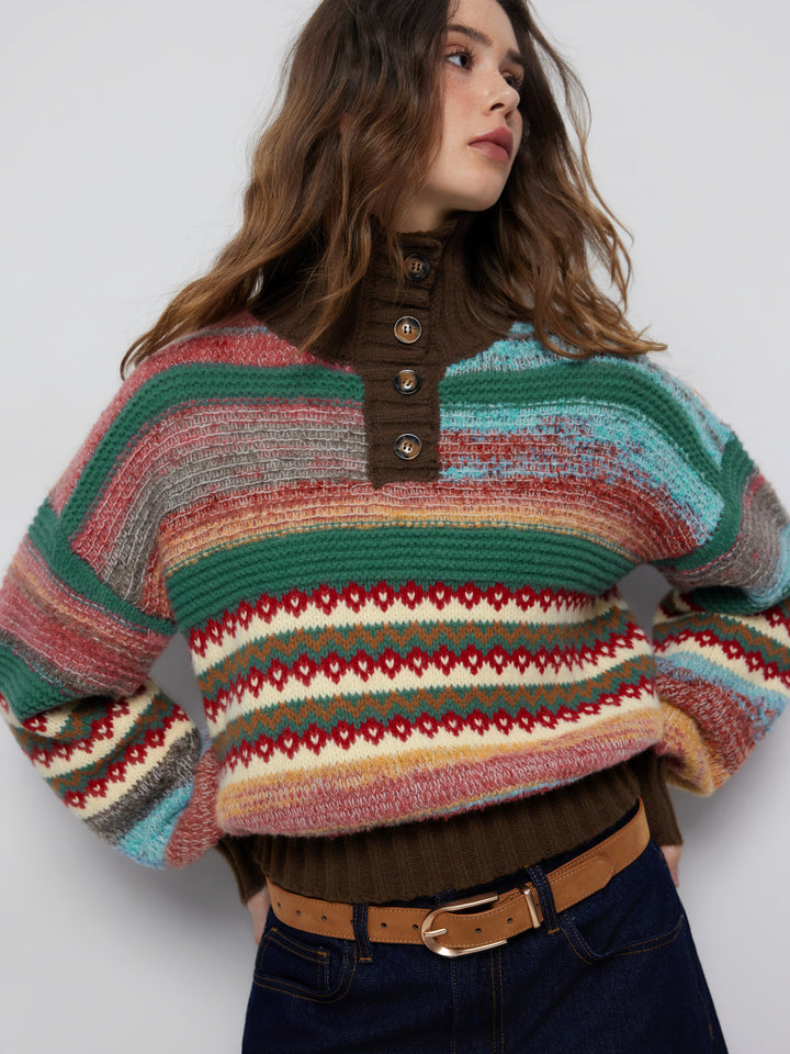 Etnik Desenli Dik Yakalı Oversize Triko Kazak - Çok Renkli - Çok Renkli detay 7