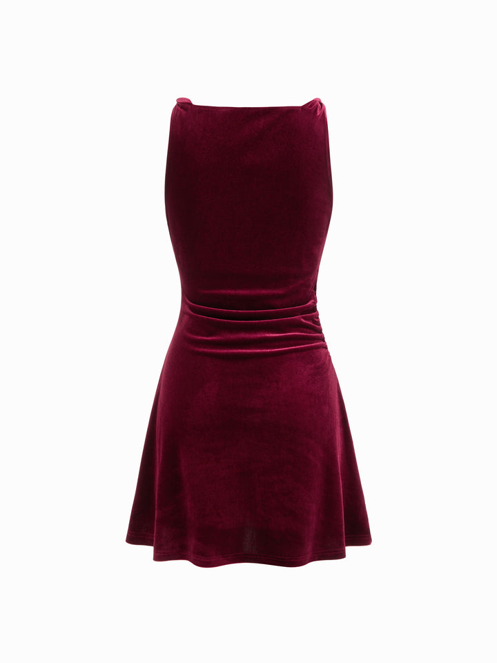 Kadife Kayık Yaka Drapeli Mini Elbise - Bordo detay 7