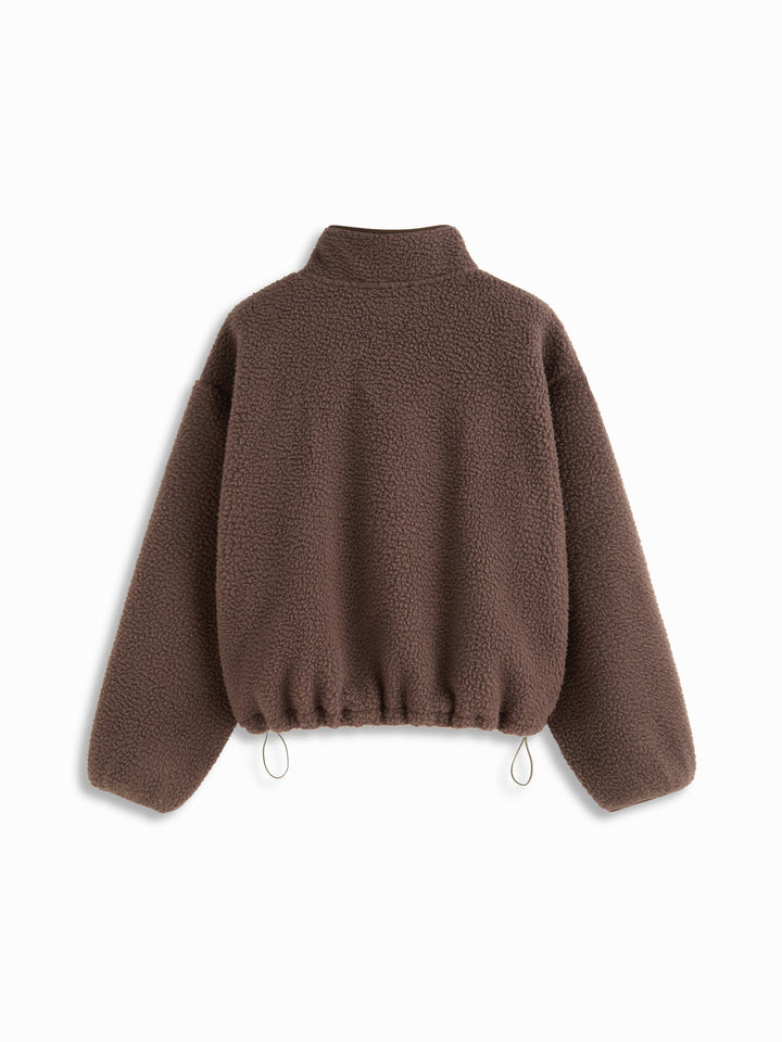 Sherpa Polar Dik Yakalı Çıtçıtlı Oversize Sweatshirt - Kahve detay 5