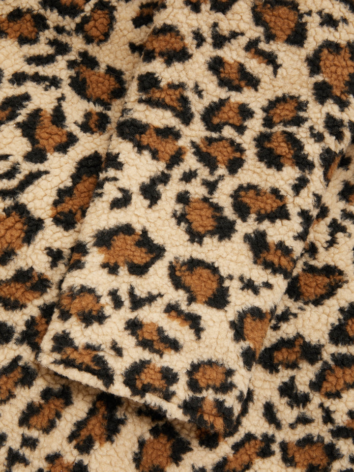 Leopar Desenli Kadife Biyeli Düğmeli Peluş Ceket - Kahverengi - Kahverengi detay 6
