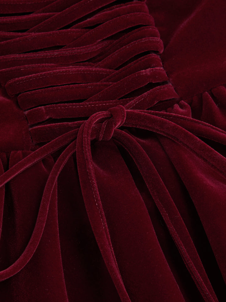 Kadife Kare Yaka Korse Detaylı Kloş Midi Elbise - Bordo - Bordo detay 7