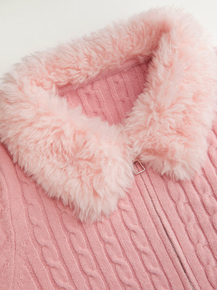 Suni Kürk Yakalı Saç Örgü Fermuarlı Hırka - Pembe - Pembe detay 7