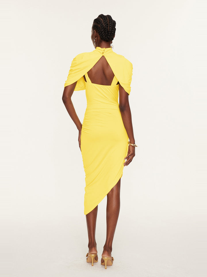 Dominika Dik Yaka Drapeli Şal Bodycon Midi Elbise - Limon Sarısı - Limon Sarısı detay 7