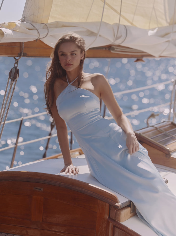 Avelina Halter Saten Maksi Elbise - Mavi - Mavi detay 7