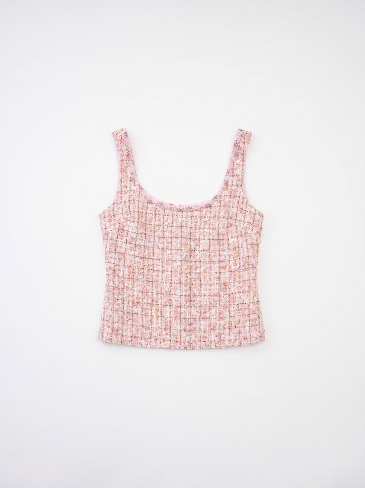 Aoife Taşlı Tweed Kare Yaka Mini Elbise - Pembe - Pembe detay 7