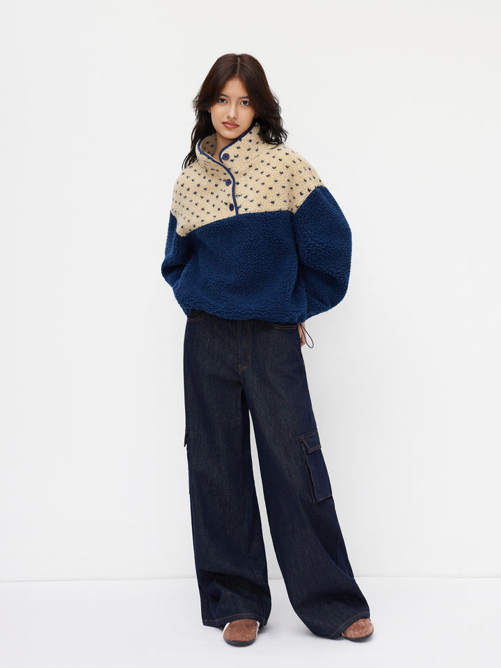 Peluş Polar Dik Yaka Desenli Oversize Sweatshirt - Mavi detay 6