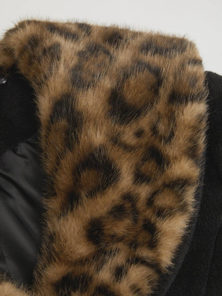 Suni Leopar Kürk Yakalı Kemerli Kısa Ceket - Siyah - Siyah detay 3