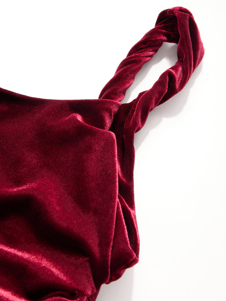 Kadife Geniş Yuvarlak Yaka Drapeli Maksi Elbise - Bordo detay 7