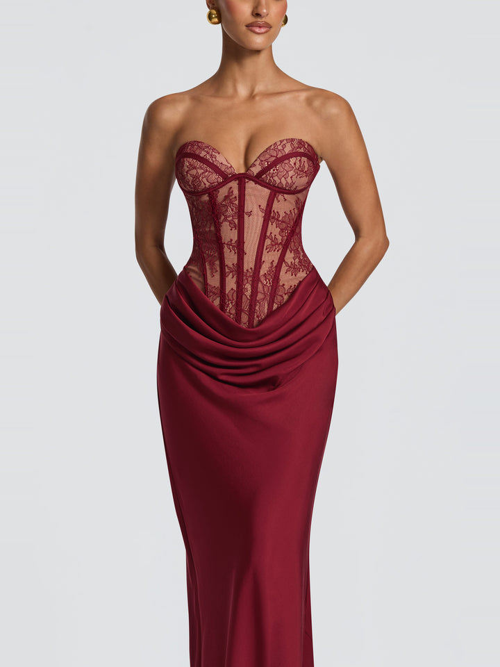 Kathleen Straplez Dantel Korse Maksi Elbise - Bordo - Bordo detay 7