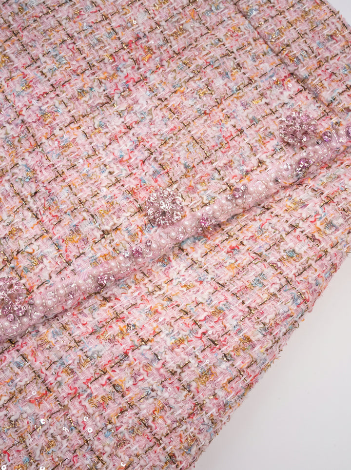 Aoife Taşlı Tweed Kare Yaka Mini Elbise - Pembe - Pembe detay 8
