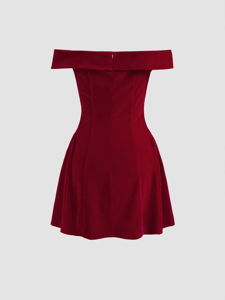 Kadife Omuz Dekolteli Kloş Mini Elbise - Bordo - Bordo detay 7