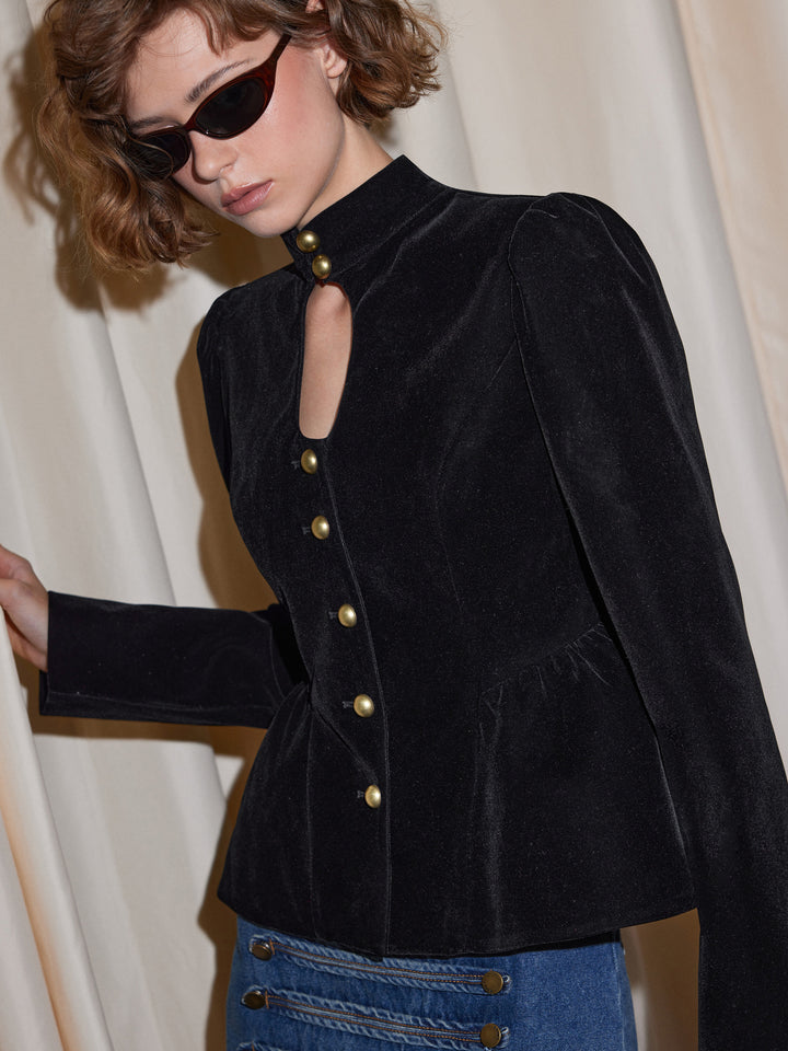 Kadife Dik Yaka Pencere Detaylı Peplum Ceket - Siyah - Siyah detay 7