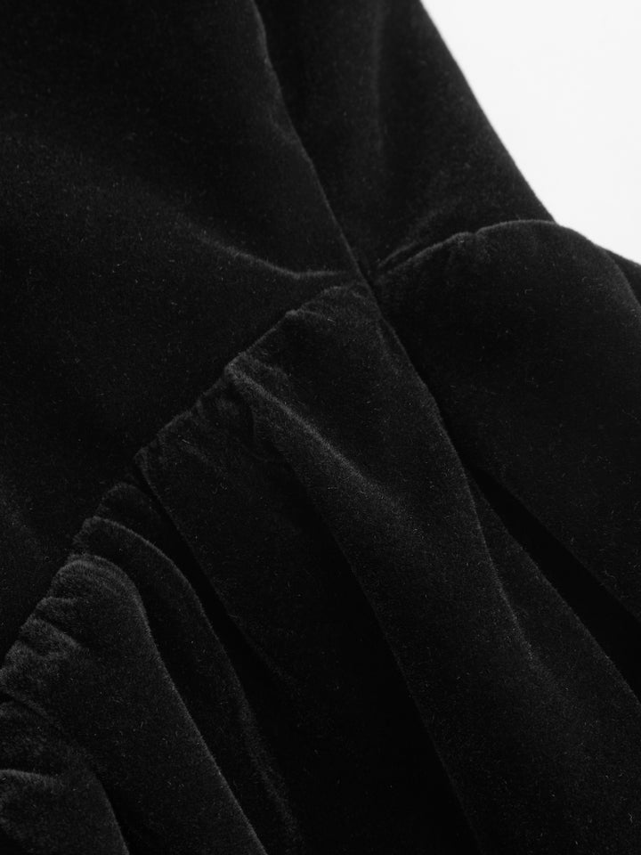 Kadife Omuz Dekolteli Fiyonk Detaylı Kloş Midi Elbise - Siyah - Siyah detay 8