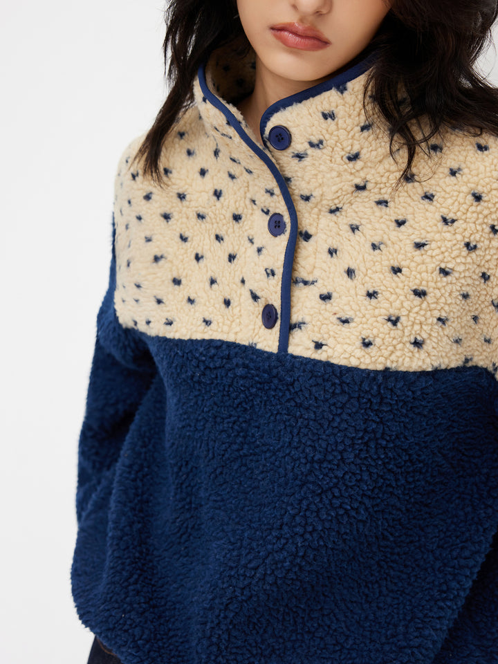 Peluş Polar Dik Yaka Desenli Oversize Sweatshirt - Mavi detay 7