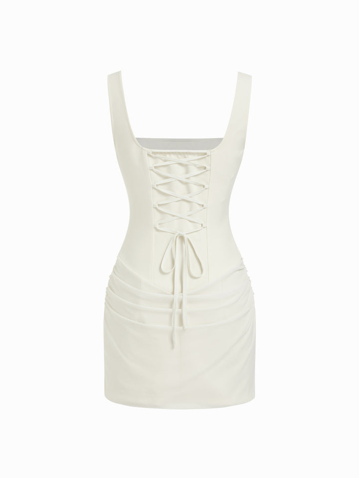 Kare Yaka Korse Dikişli Drapeli Bodycon Mini Elbise - Krem detay 8