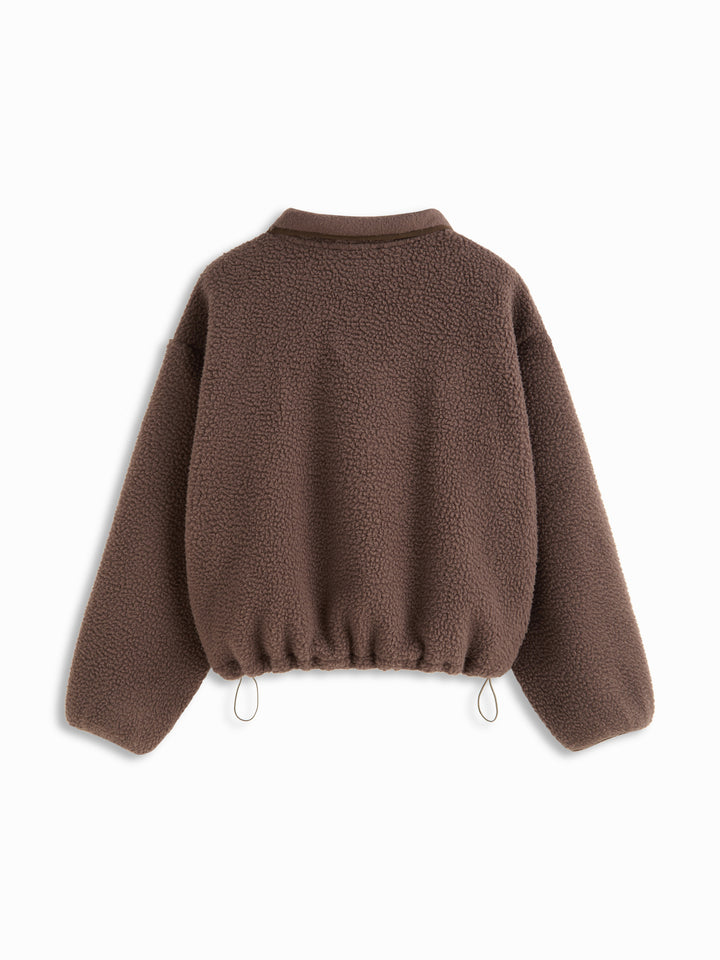 Sherpa Polar Dik Yakalı Çıtçıtlı Oversize Sweatshirt - Kahve detay 6