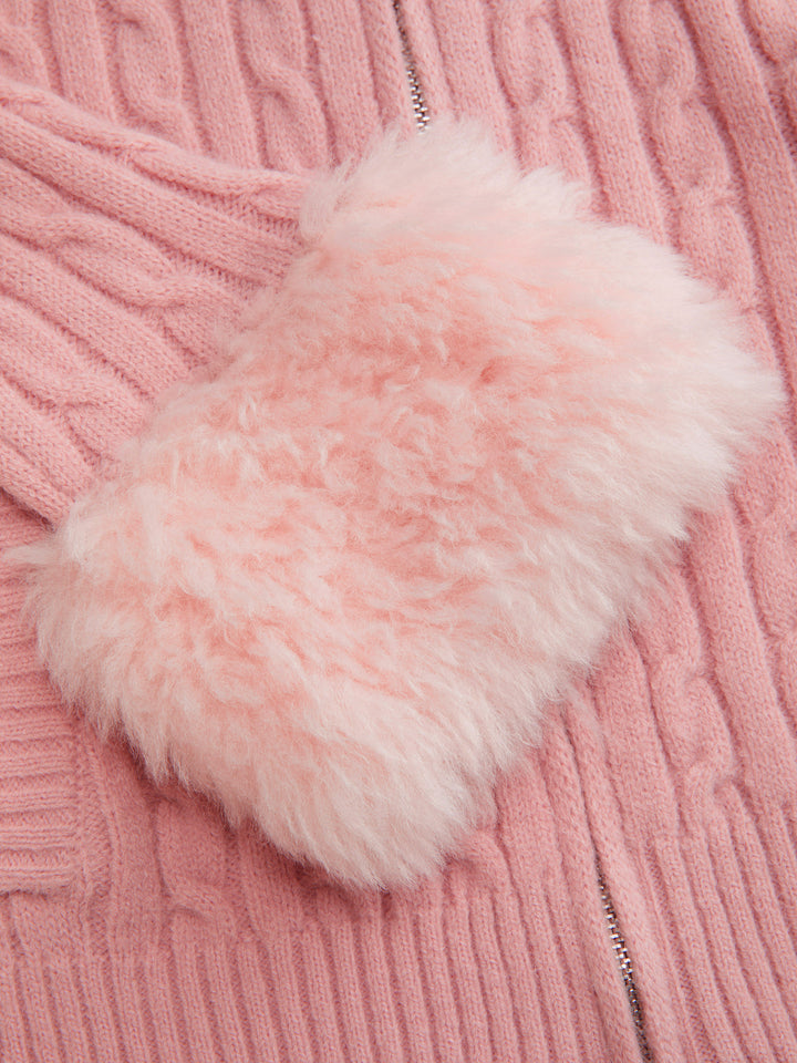 Suni Kürk Yakalı Saç Örgü Fermuarlı Hırka - Pembe - Pembe detay 8