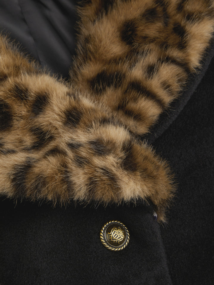 Suni Leopar Kürk Yakalı Kemerli Kısa Ceket - Siyah - Siyah detay 4