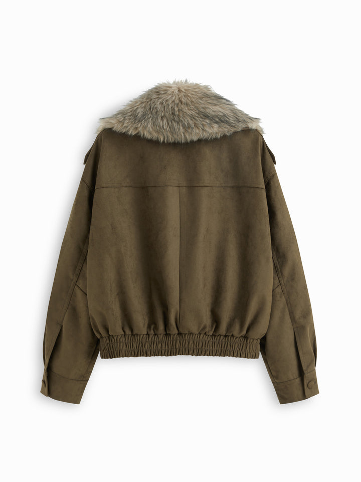 Kürk Yakalı Süet Oversize Ceket - Haki - Haki detay 8