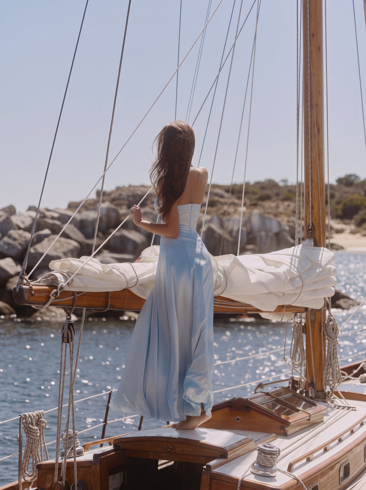 Avelina Halter Saten Maksi Elbise - Mavi - Mavi detay 8
