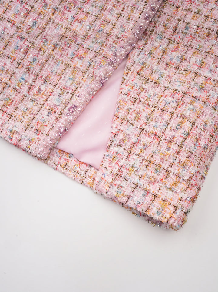 Aoife Taşlı Tweed Kare Yaka Mini Elbise - Pembe - Pembe detay 9