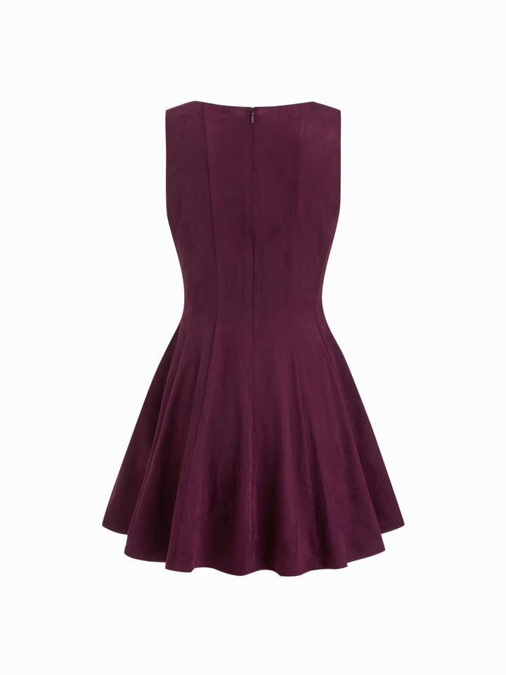 Süet Görünümlü Kayık Yaka Kloş Mini Elbise - Bordo - Bordo detay 9