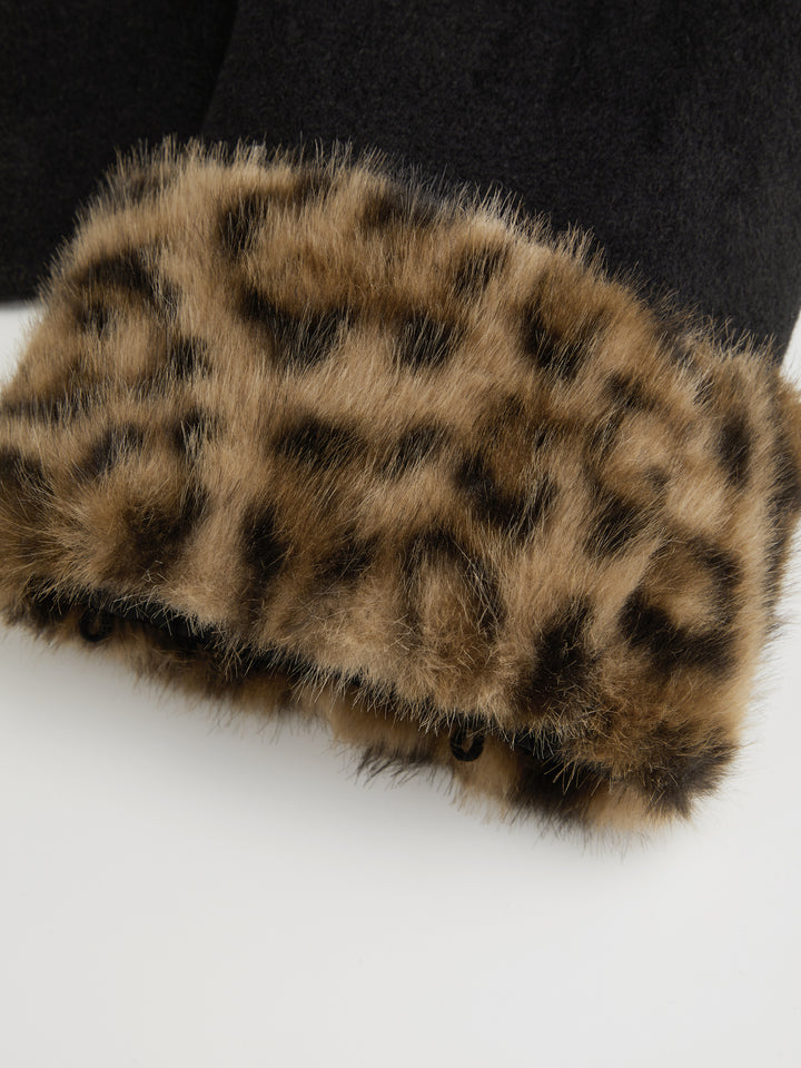 Suni Leopar Kürk Yakalı Kemerli Kısa Ceket - Siyah - Siyah detay 5