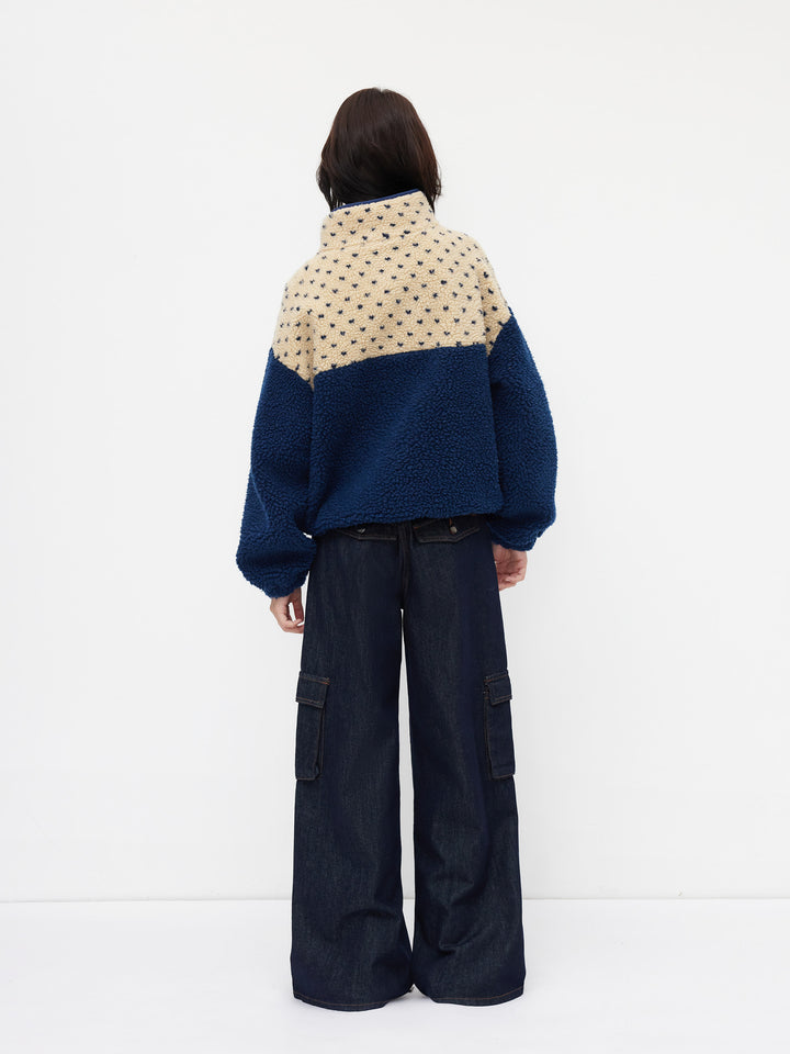 Peluş Polar Dik Yaka Desenli Oversize Sweatshirt - Mavi detay 8